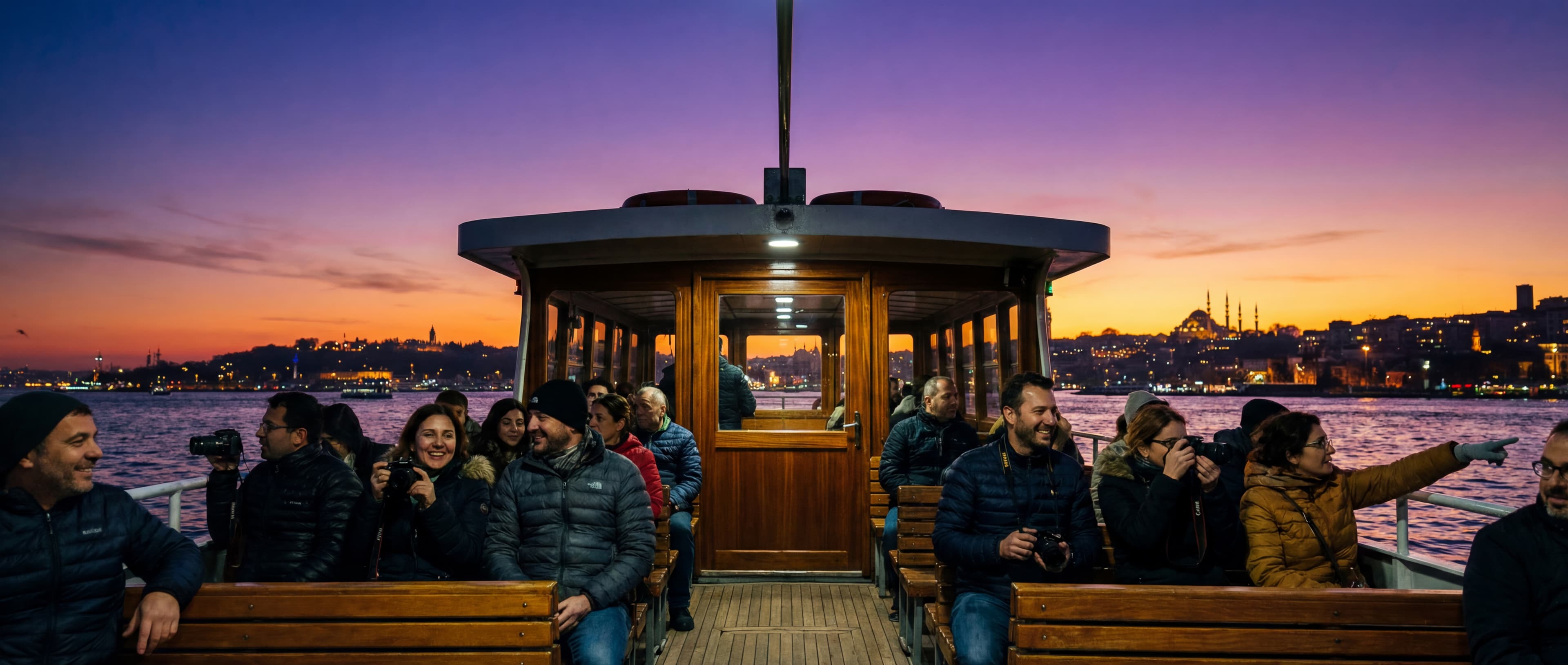 A cinematic shot of passengers sitting on the open deck of the waterbus, looking out at the city sky