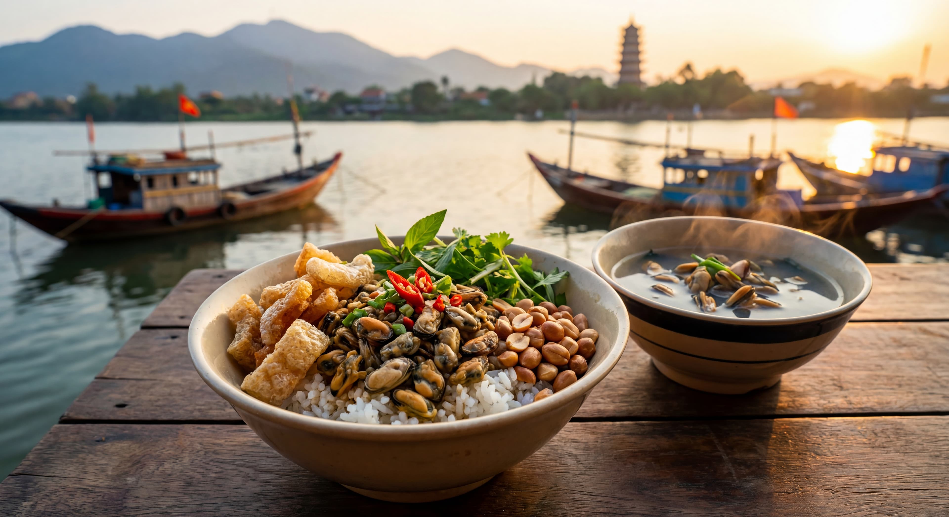 A rustic bowl of Com Hen (Mussel Rice) featuring toppings like crispy pork skin, roasted peanuts, fr