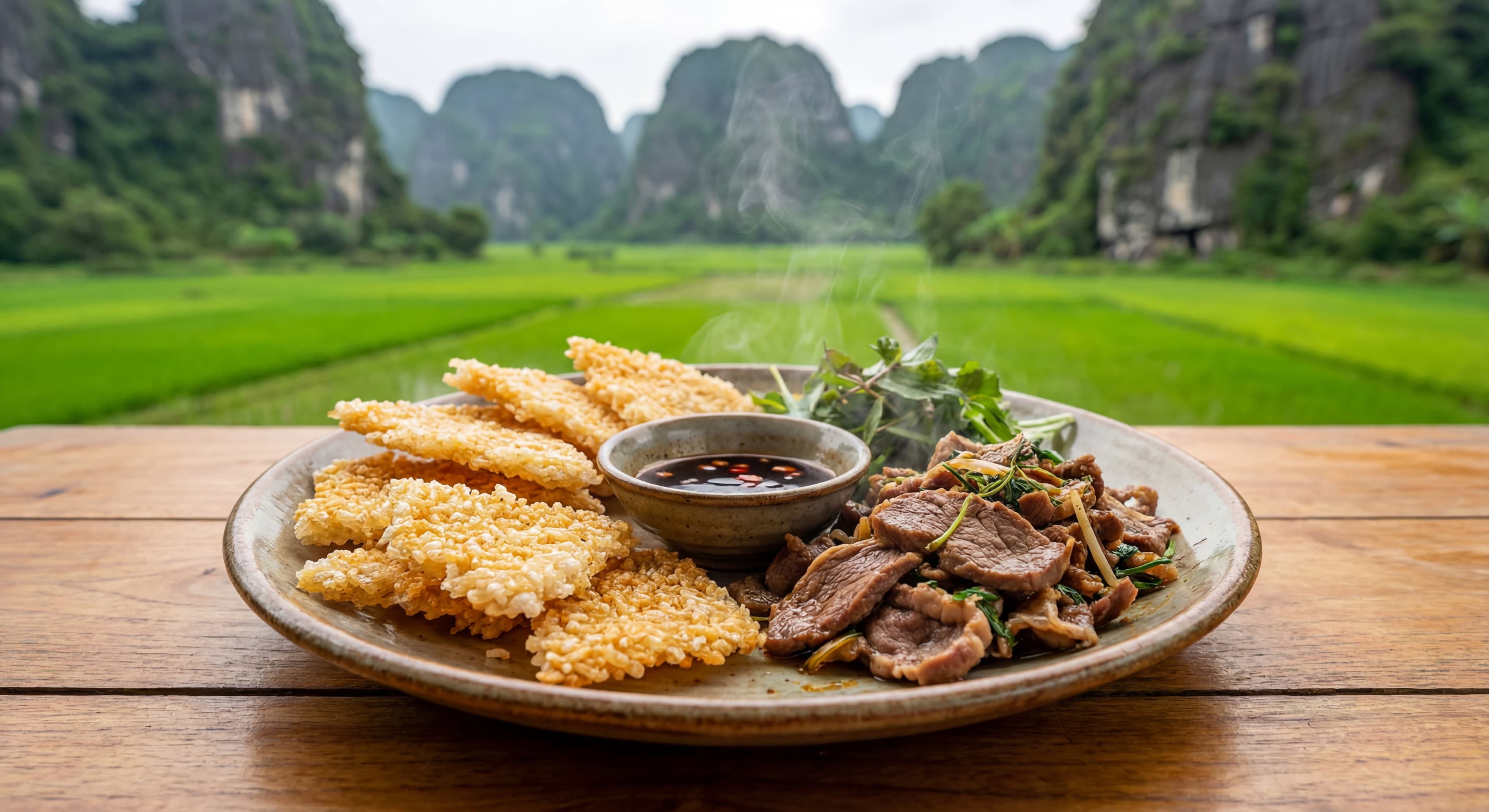 A delicious plate of Ninh Binh specialties featuring stir-fried mountain goat meat and golden crispy
