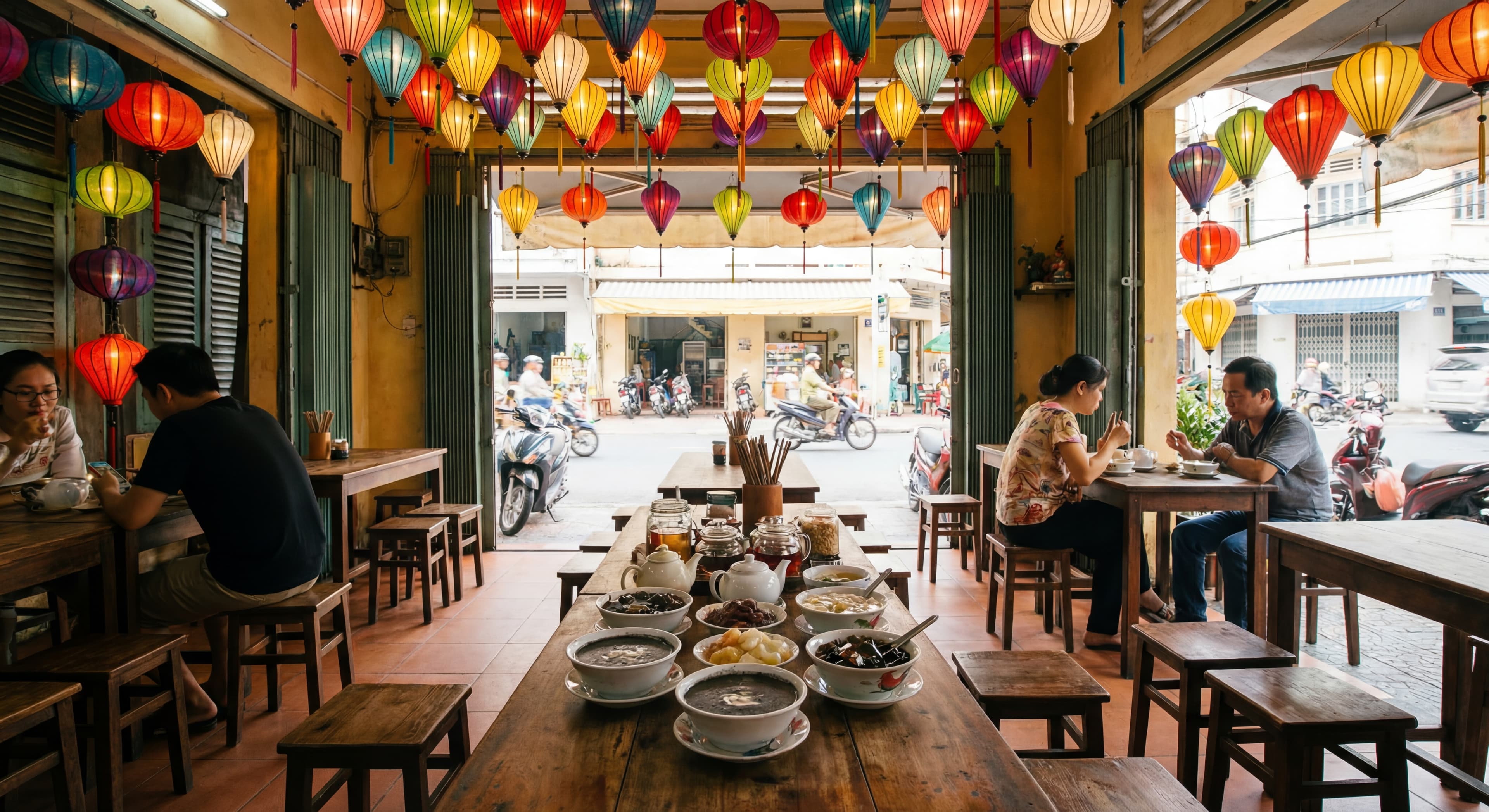 A traditional Chinese dessert shop in Saigon with wooden furniture and lanterns, showcasing bowls of