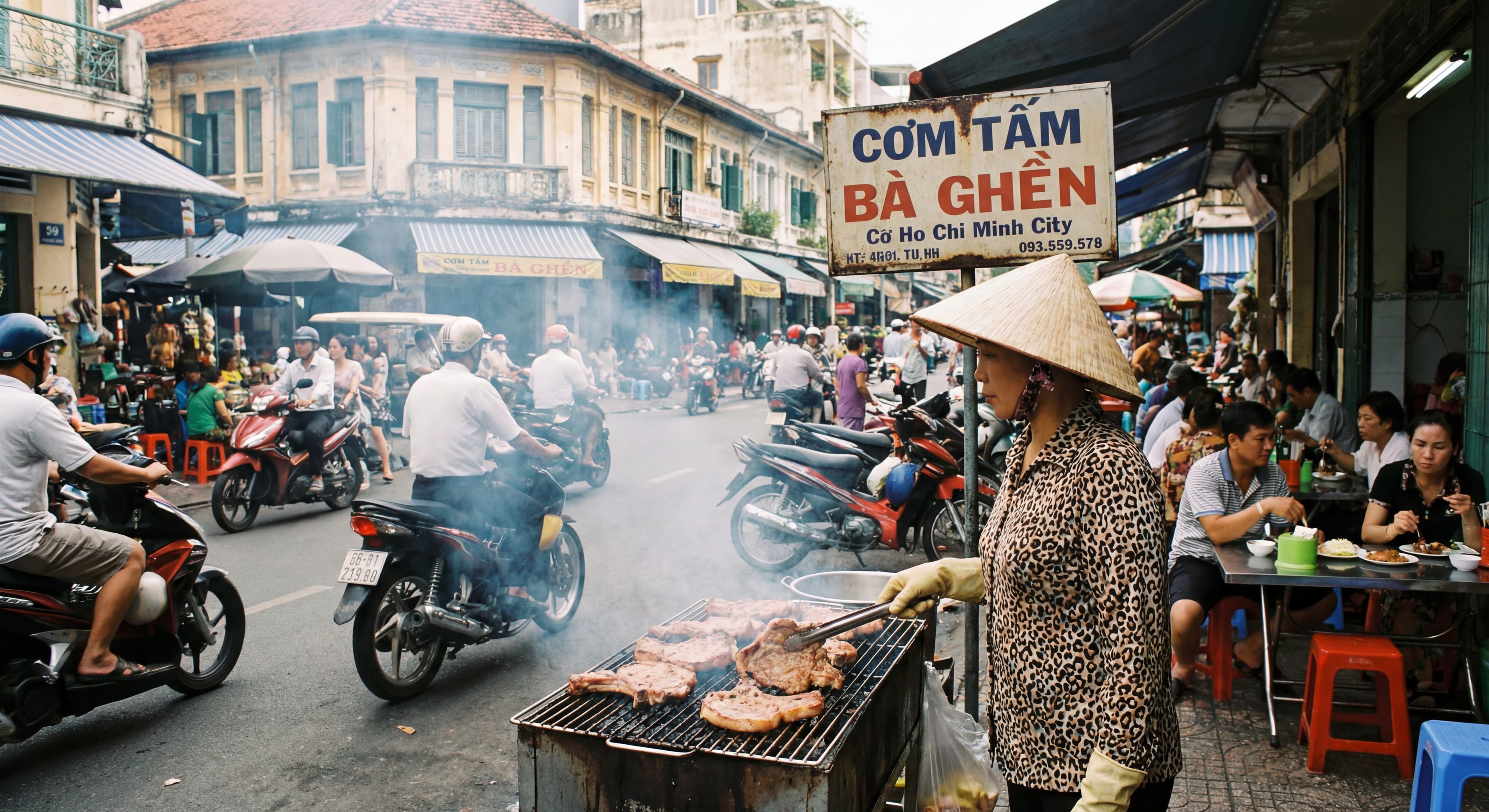 A chef grilling large pork chops over charcoal smoke on a busy street in Ho Chi Minh City, capturing