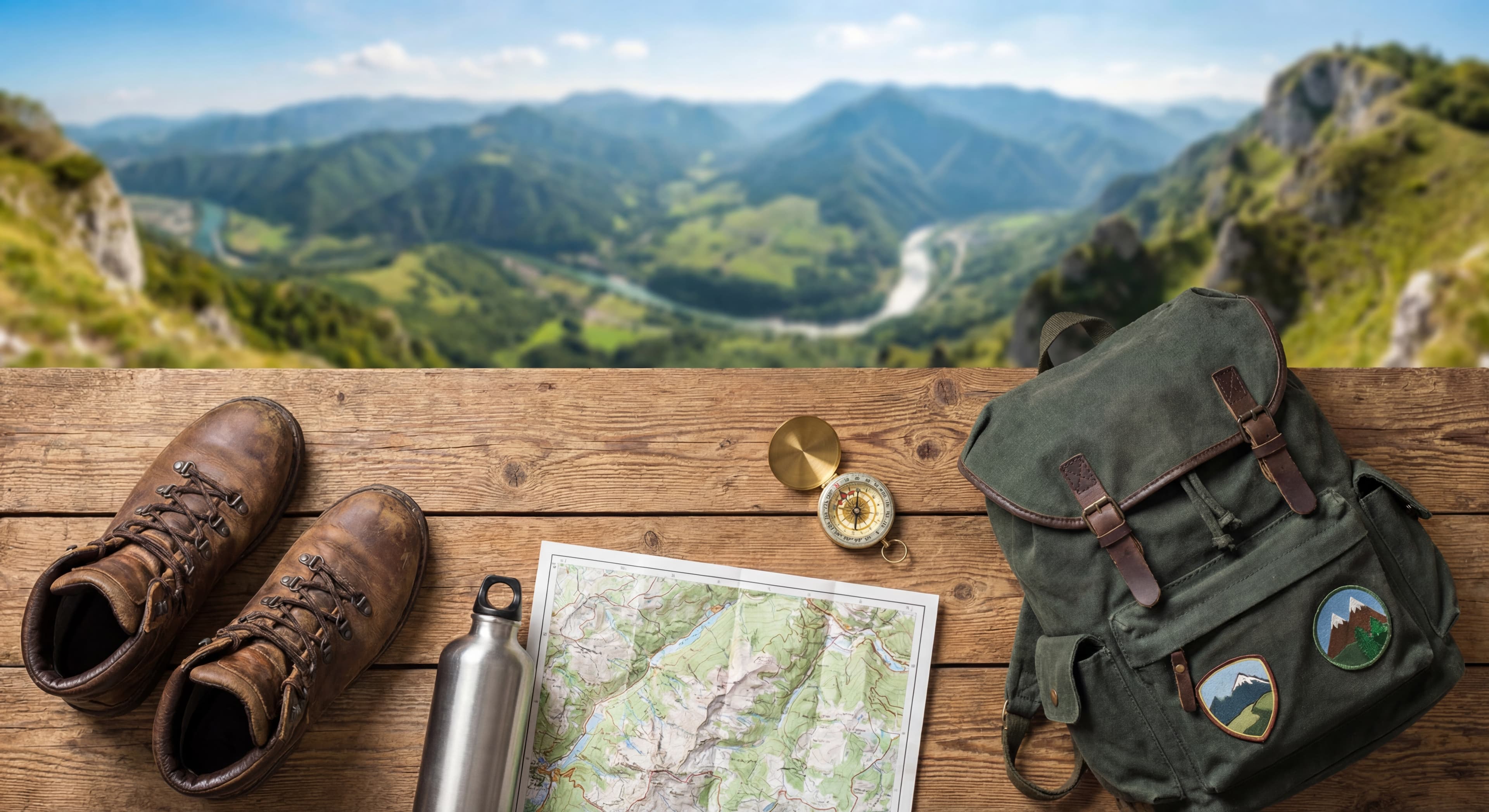 A flat lay photography of essential trekking gears including hiking boots, a backpack, water bottle,