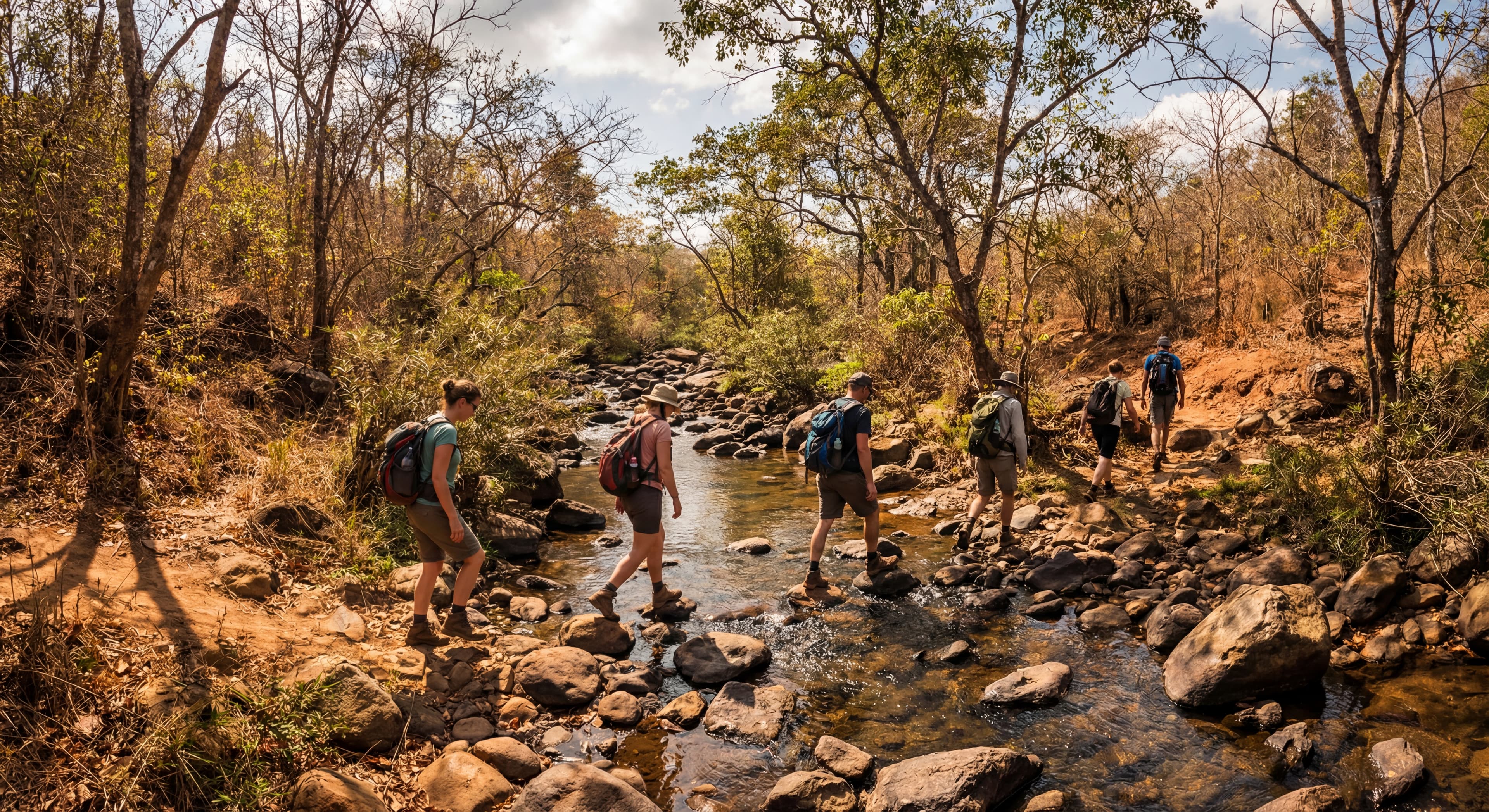 Trekkers crossing a rocky stream in the Phan Dung forest area with dry vegetation and sunlight filte
