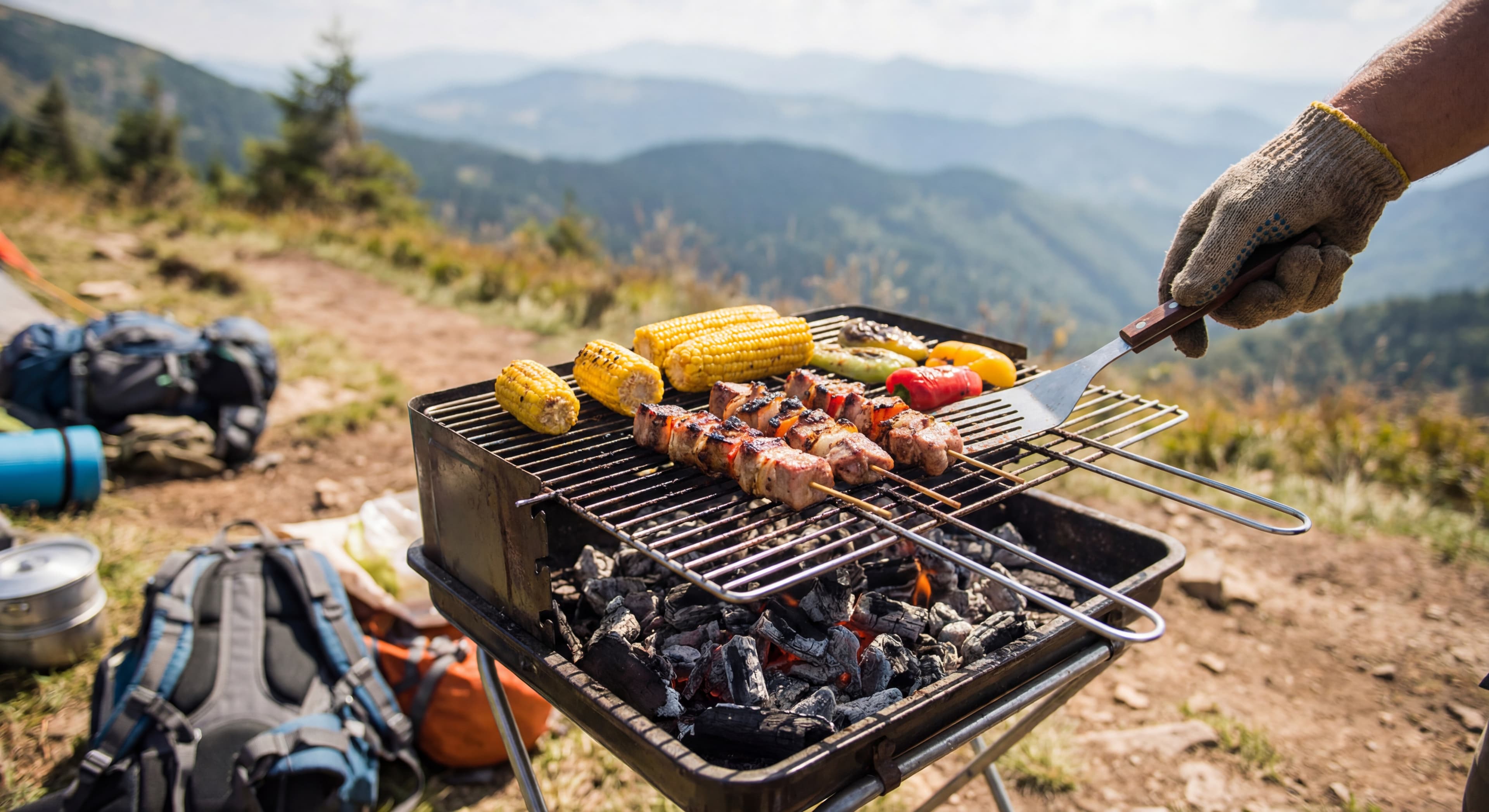 Close-up of a rustic BBQ meal being cooked outdoors during the trek, including grilled pork and vege