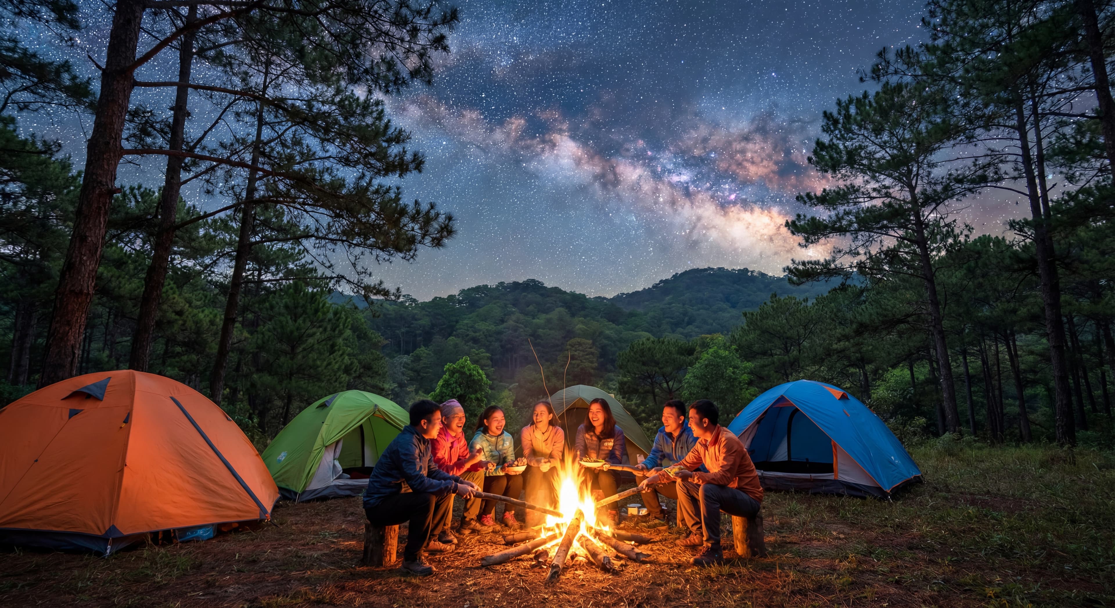 A group of trekkers camping at night in Ta Nang forest with a campfire, tents, and a starry sky abov