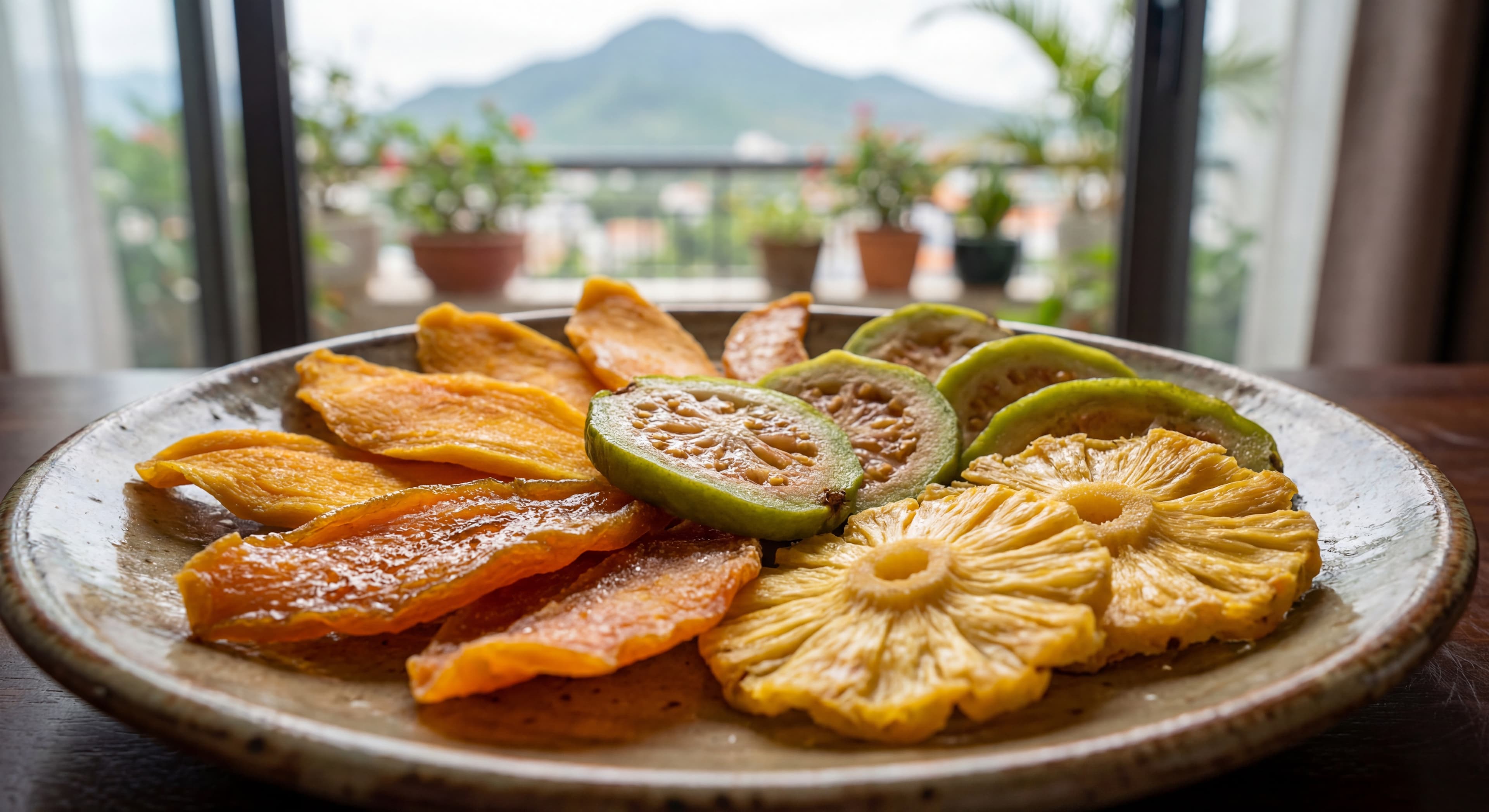Close-up shot of high-quality Vietnamese dried fruits like mango, guava, and pineapple arranged arti