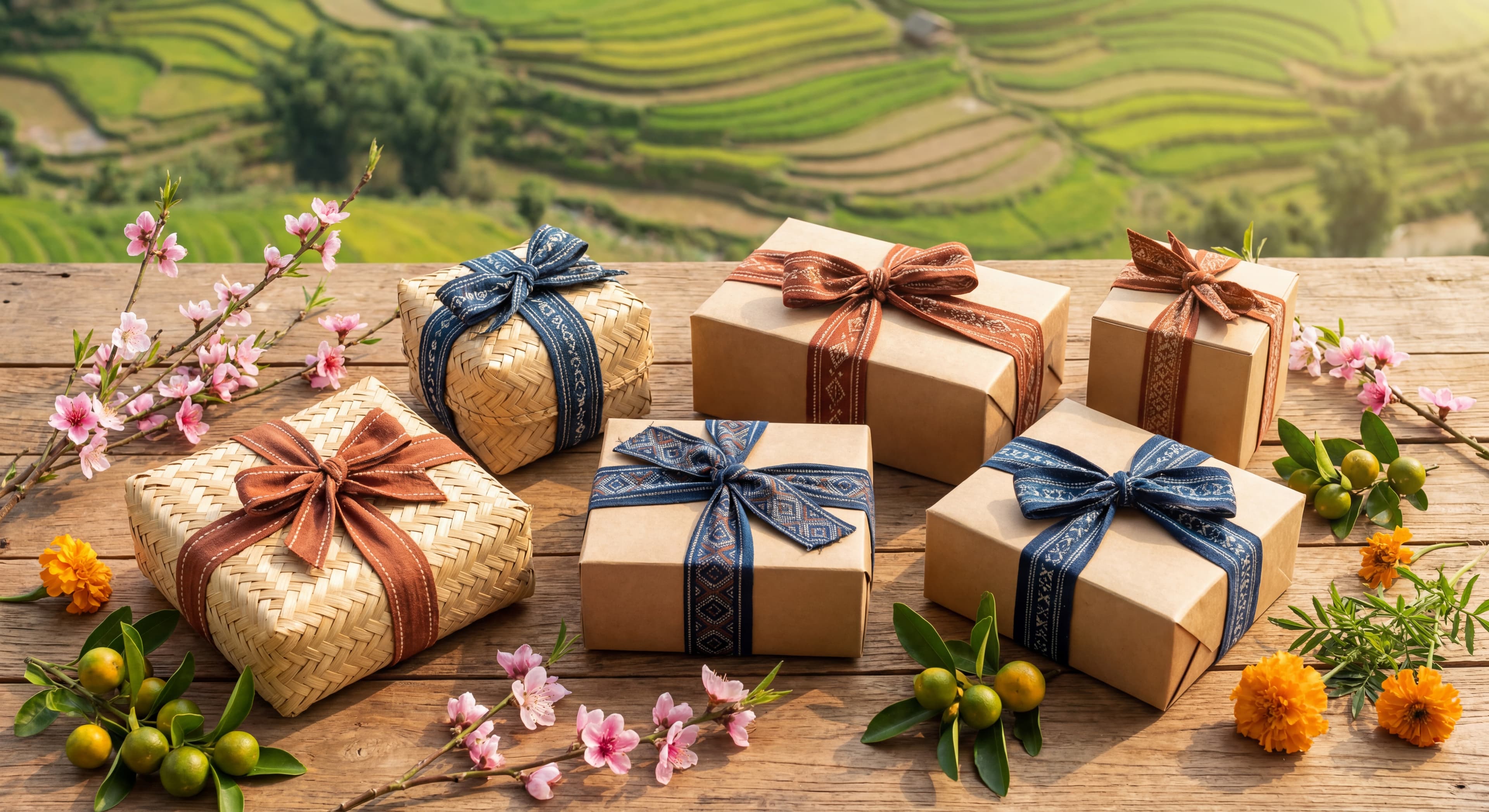 A flat-lay photo of eco-friendly Tet gift packaging using bamboo baskets, kraft paper, and fabric wr