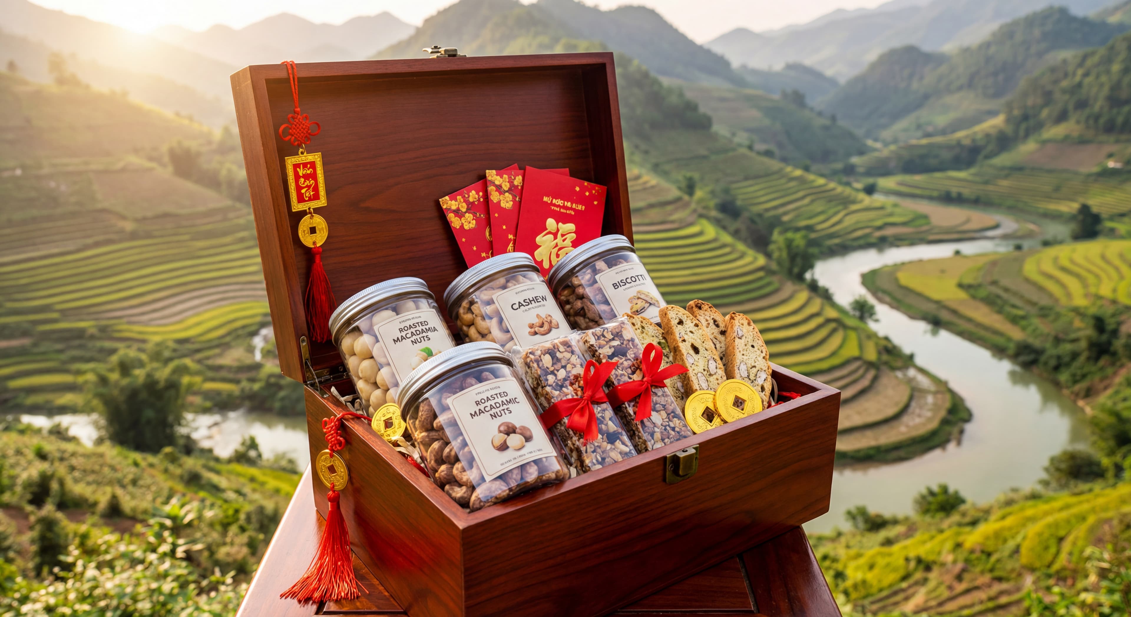 An elegant wooden gift box open, revealing jars of macadamia nuts, cashews, granola bars, and biscot