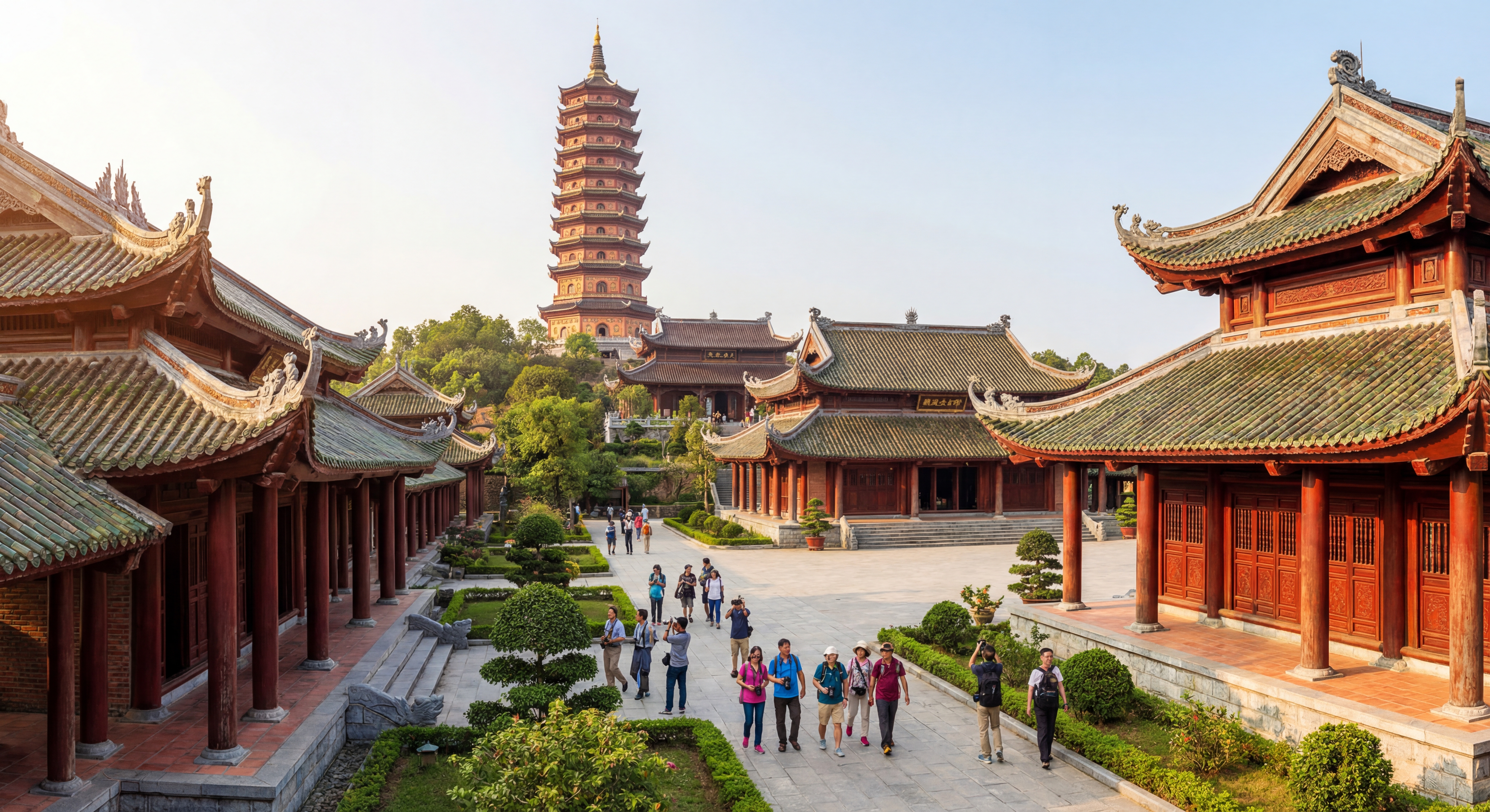 The majestic architecture of Bai Dinh Pagoda complex in Ninh Binh, featuring the multi-story tower a