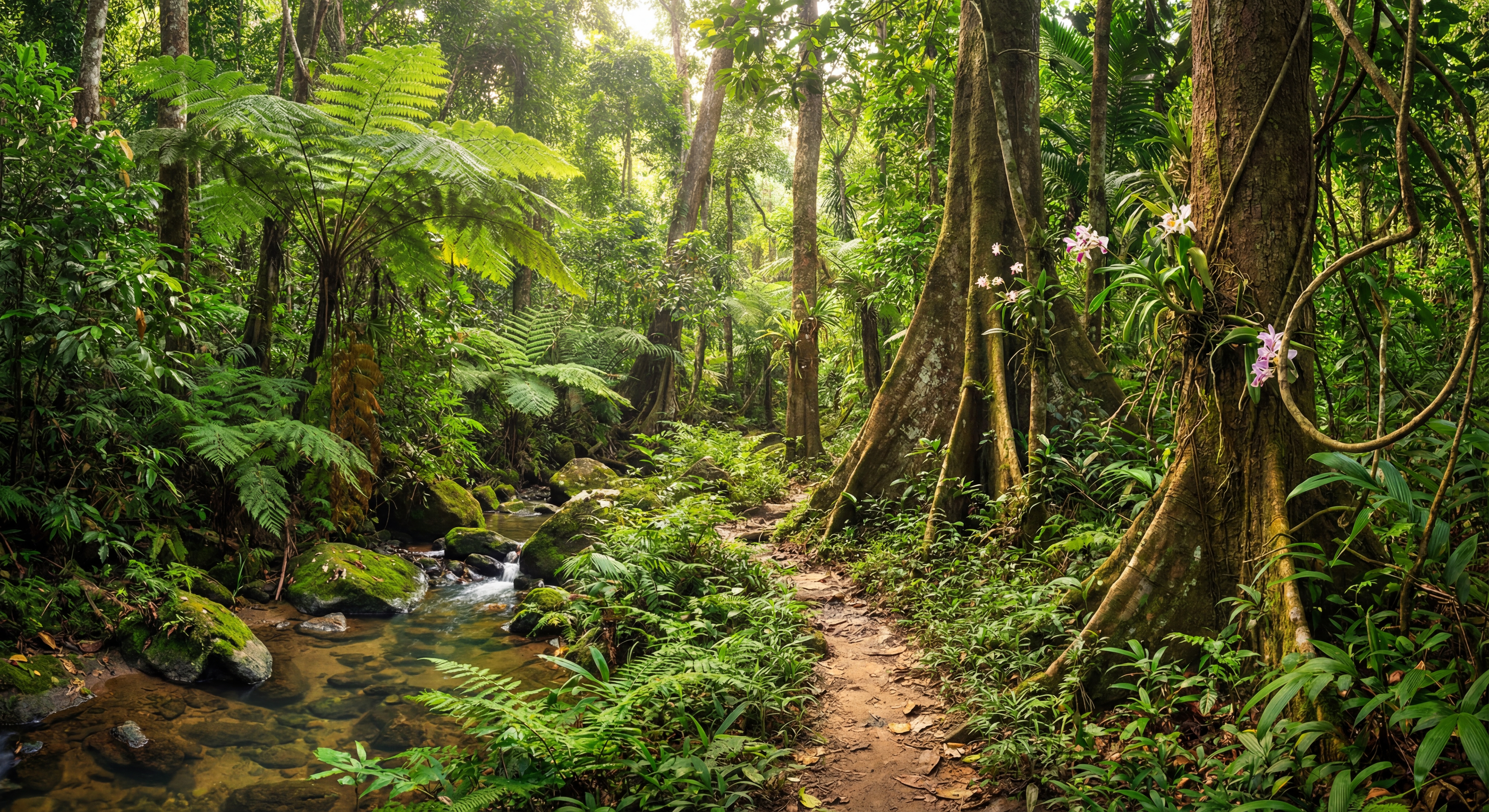 A dense jungle trail in Cát Tiên National Park with sunlight filtering through the canopy, showing d